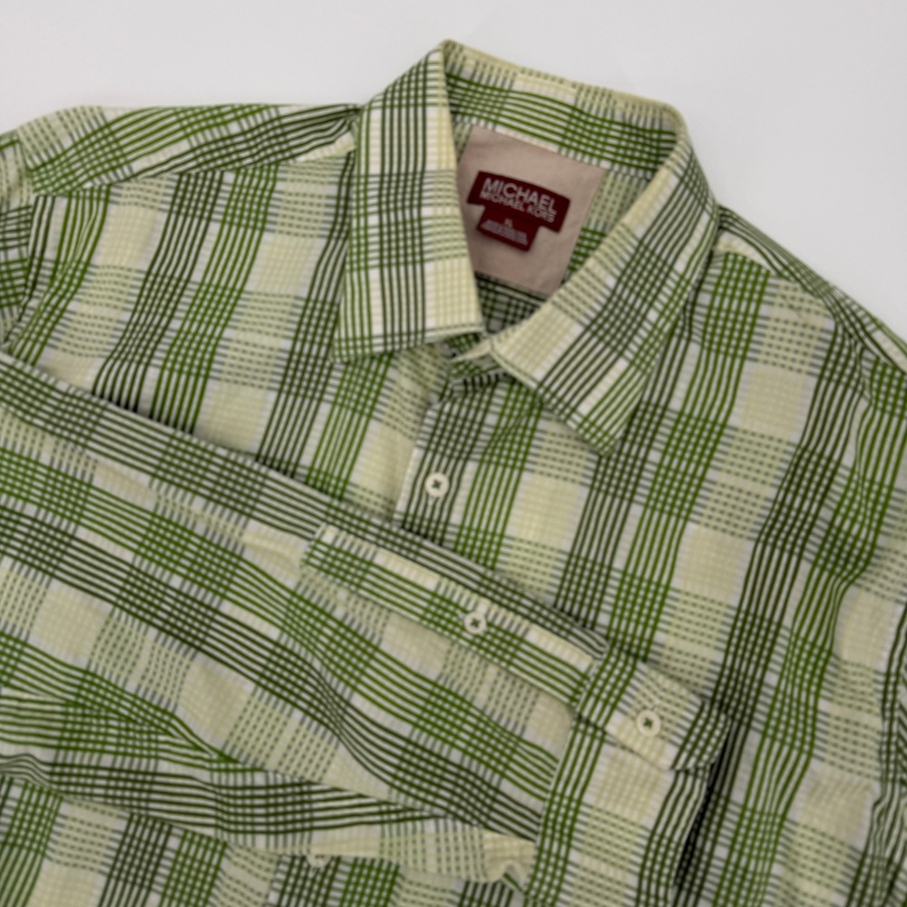 Michael Michael Kors Mens XL Green White Grid Plaid Cotton Button Down Shirt